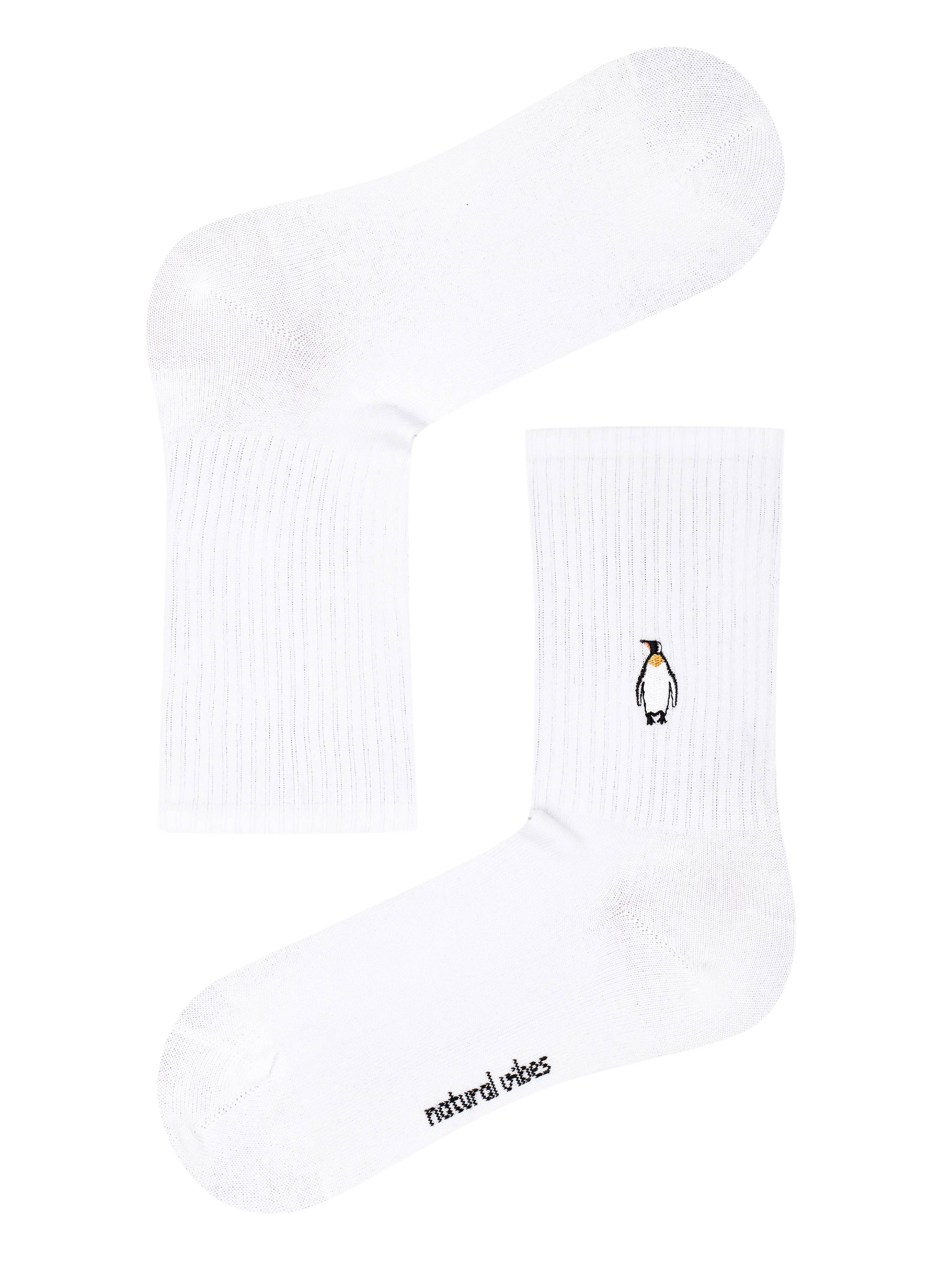 Penguin Socks - Calzini girocollo biologici bianchi, ricamo a forma di pinguino